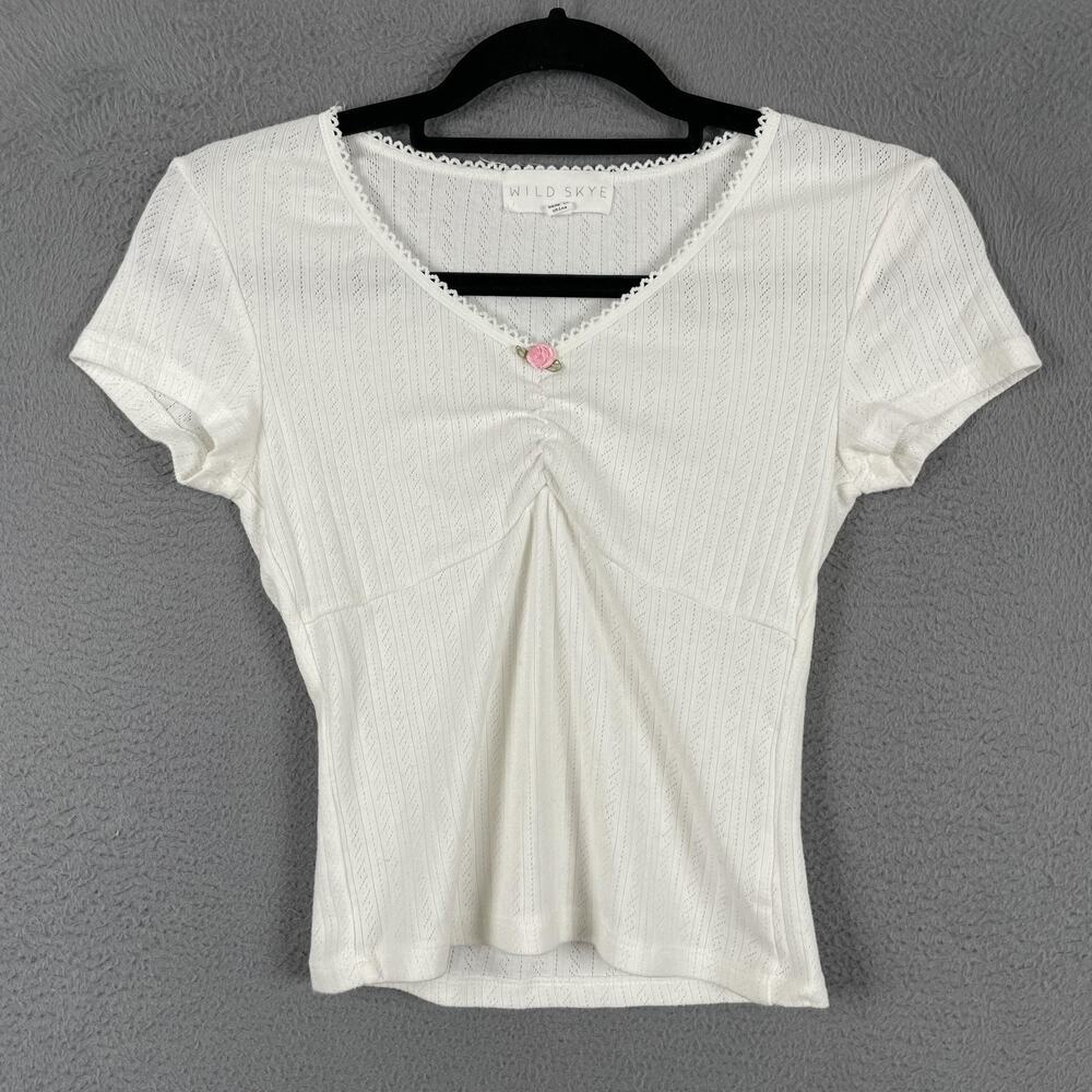 Wild Skye T-Shirt Womens XS White V-Neck Crochet Jersey Short Sleeve Stretch